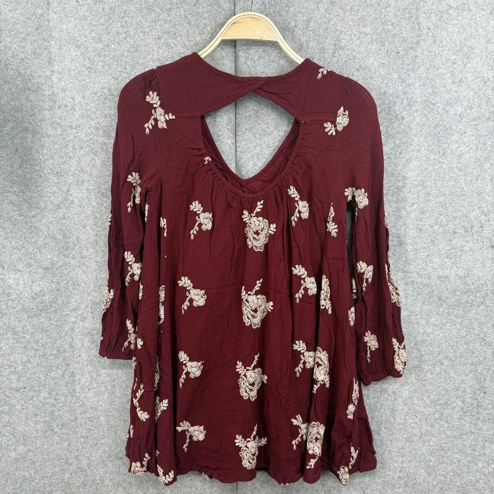 Free People Emma Austin Embroidered Tunic Swing Dress XS Maroon Floral Boho MIni